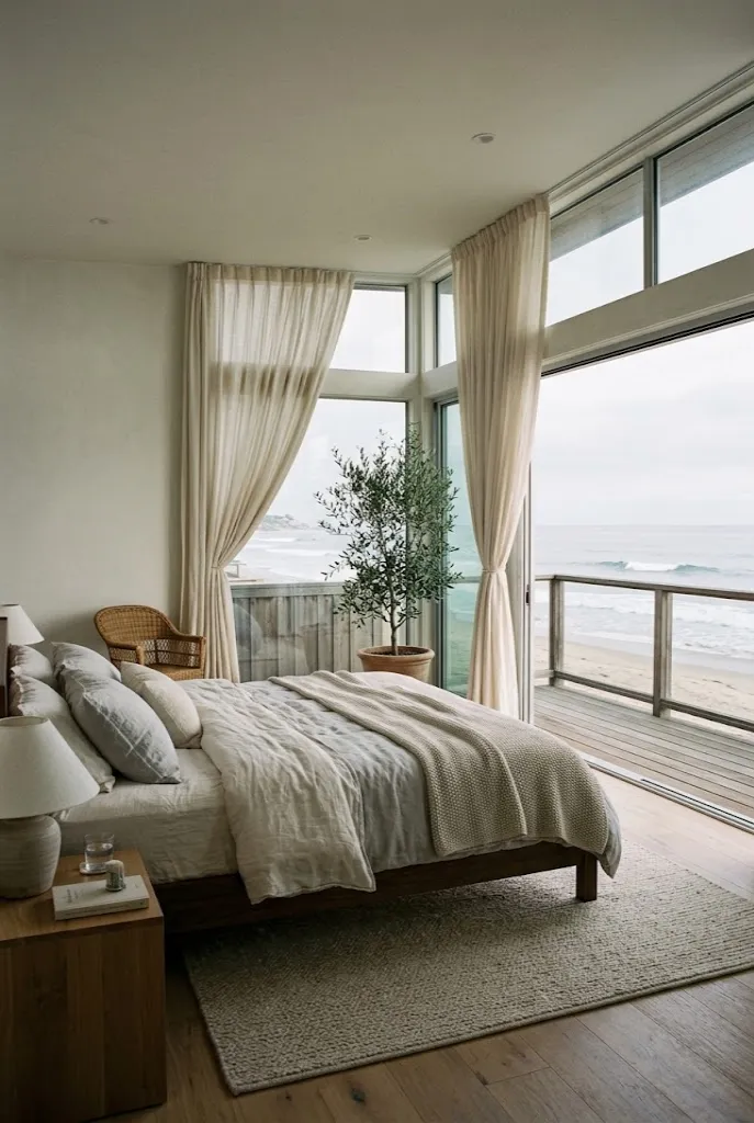 A minimalist, serene Malibu beachfront bedroom with a bed in cream and gray linens, natural wood floors, and floor-to-ceiling windows showing the Pacific Ocean.