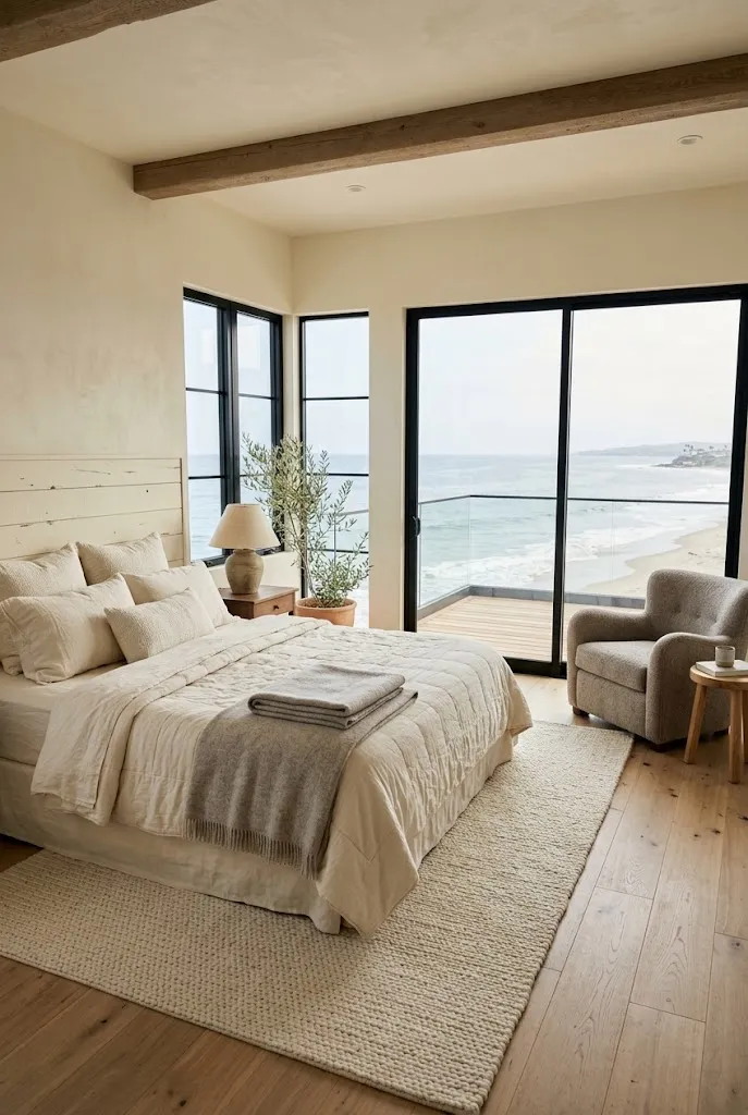 A minimalist, serene Malibu beachfront bedroom with a bed in warm cream linen bedding, a light gray throw, a gray armchair, natural wood floors, and floor-to-ceiling windows showing the Pacific Ocean.